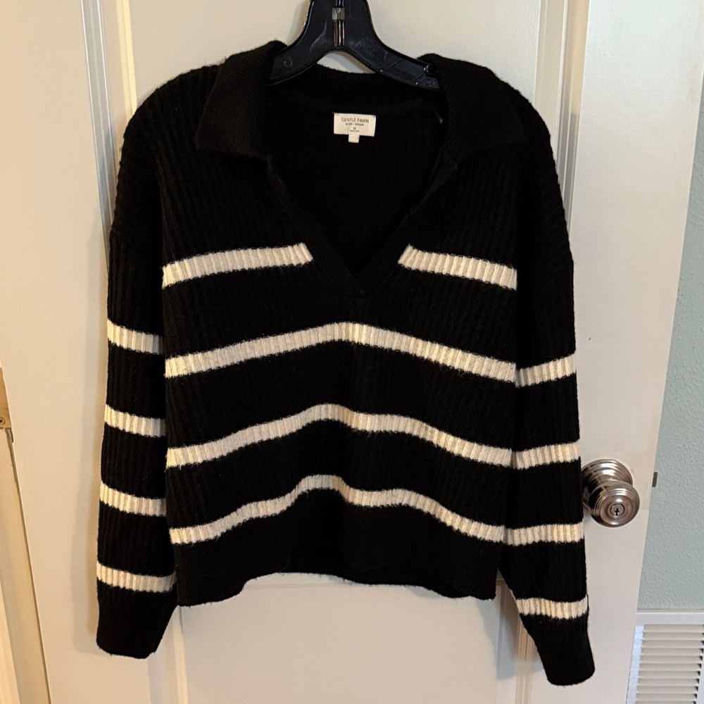Gentle Fawn V-Neck Sweater in Black and Cream Stripes